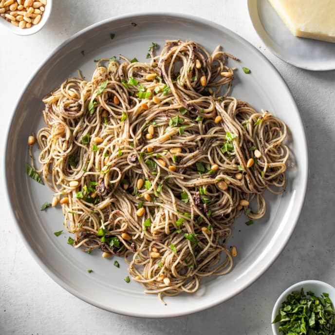 Angel Hair Pasta with Kalamata Olive and Basil Sauce