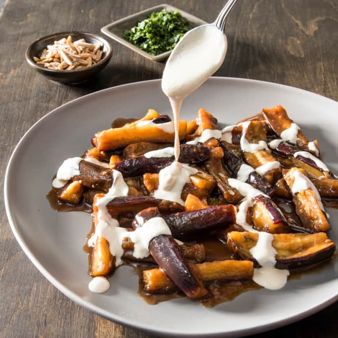 Braised Eggplant with Pomegranate and Tahini