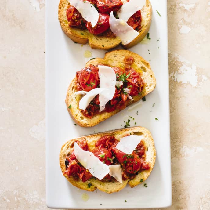 Cast Iron Charred Grape Tomato Bruschetta America's Test Kitchen Recipe