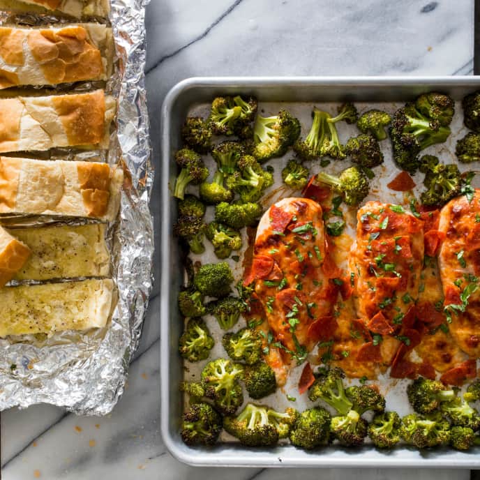 SheetPan Chicken Pizzaiola with Roasted Broccoli and Garlic Bread