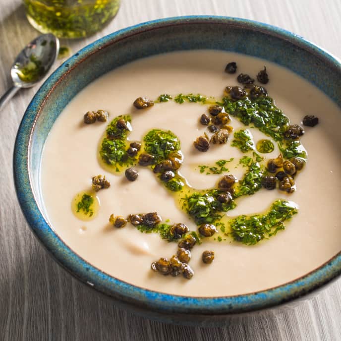 Creamy White Bean Soup with Herb Oil and Crispy Capers America's Test