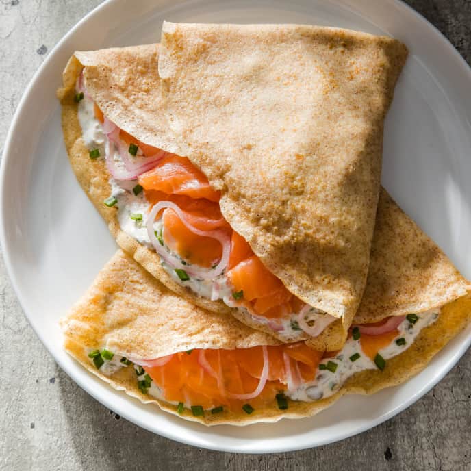 Rye Crepes with Smoked Salmon, Crème Fraîche, and Pickled Shallots