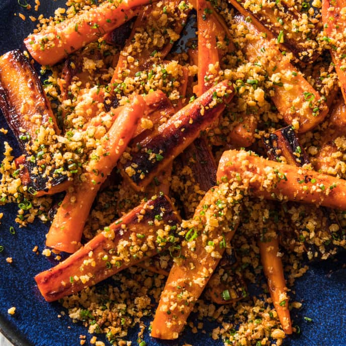 Skillet-Roasted Carrots with Mustard Bread Crumbs and Chives