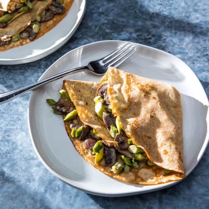 Whole-Wheat Crepes with Creamy Sautéed Mushrooms and Asparagus