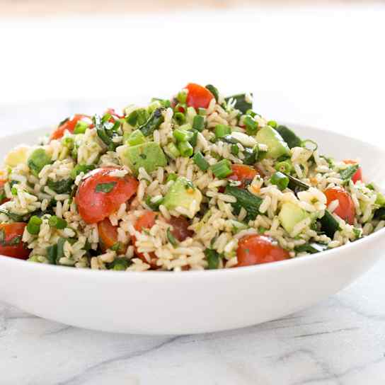Brown Rice Salad with Jalapenos, Tomatoes, and Avocado
