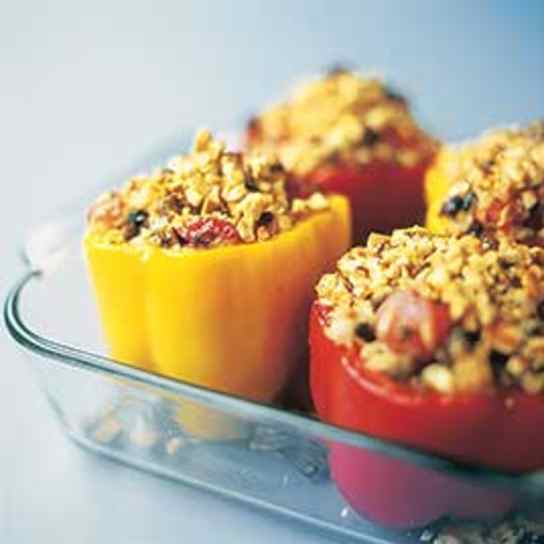 Stuffed Bell Peppers with Spiced Lamb, Currants, and Feta Cheese