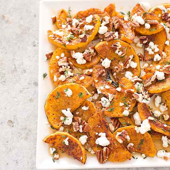 Roasted Butternut Squash with Goat Cheese, Pecans, and Maple