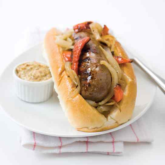 Charcoal-Grilled Sausages with Peppers and Onions