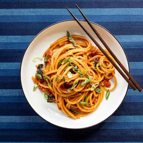 Bucatini with Soy-Mirin Tomato Sauce