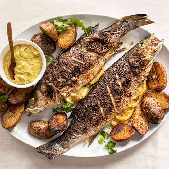 Whole Roasted Fish and Potatoes with Curry Mayonnaise
