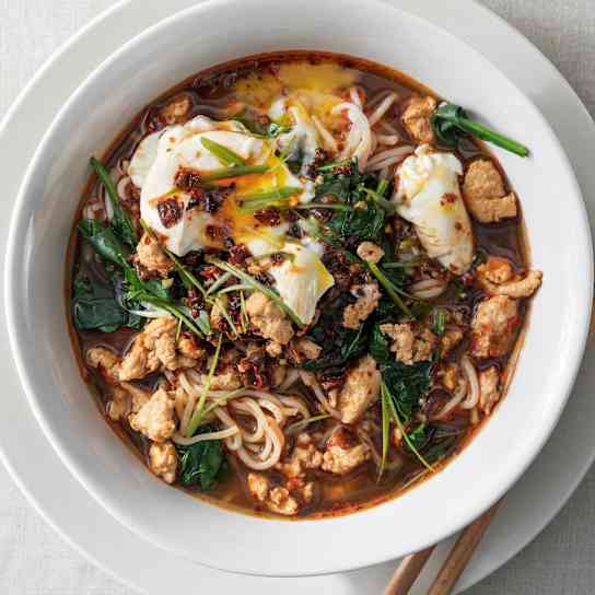 Hot and Sour Soup with Chicken, Noodles, and Poached Eggs