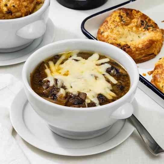French Mushroom Soup with Caramelized Shallots and Puff Pastry