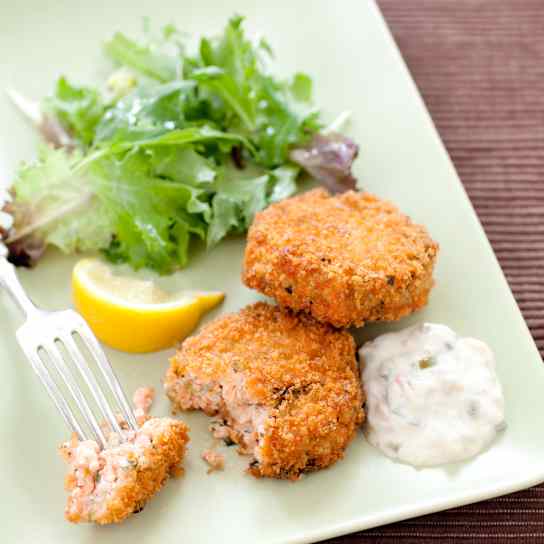 Easy Salmon Cakes with Smoked Salmon, Capers, and Dill
