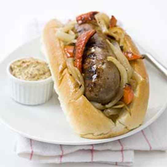 Gas-Grilled Sausages with Peppers and Onions
