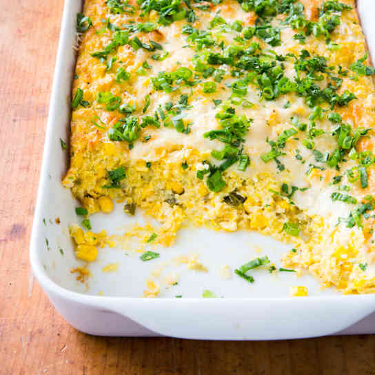 Cheesy Corn Casserole with Jalapeños and Cilantro