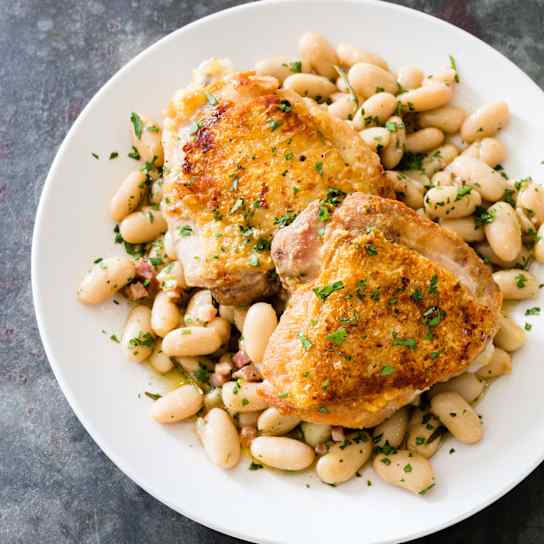 Chicken Thighs with Pancetta, White Beans, and Rosemary