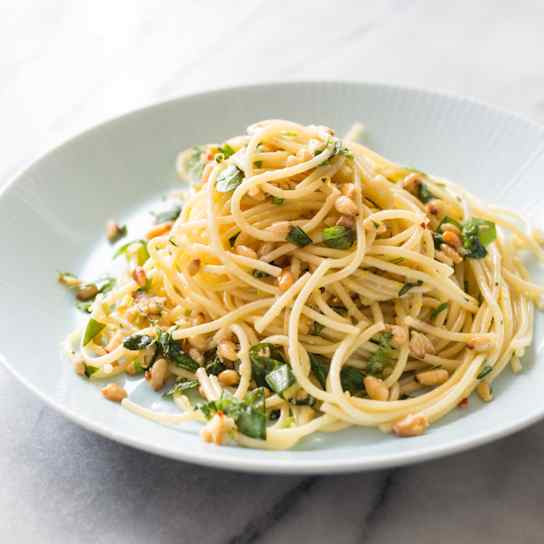 Garlicky Spaghetti with Lemon and Pine Nuts for Two