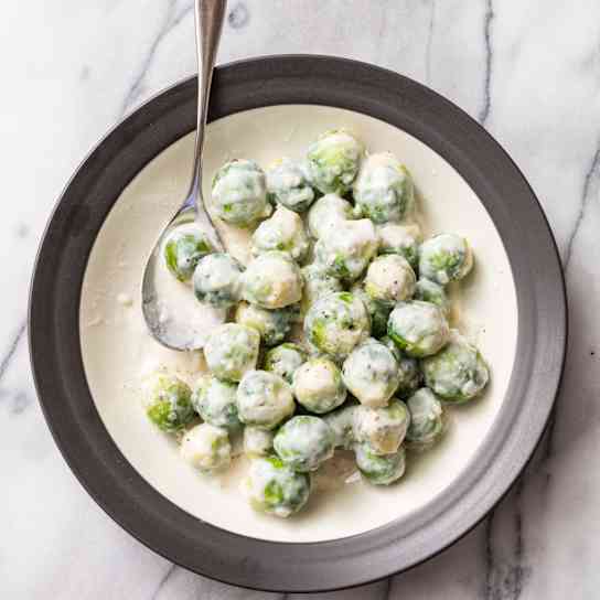 Braised Brussels Sprouts with Nutmeg Scented White Sauce
