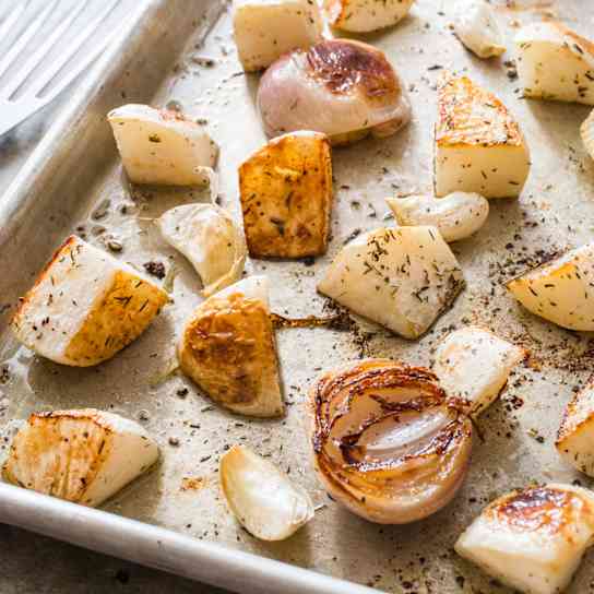 Roasted Turnips, Shallots, and Garlic with Rosemary
