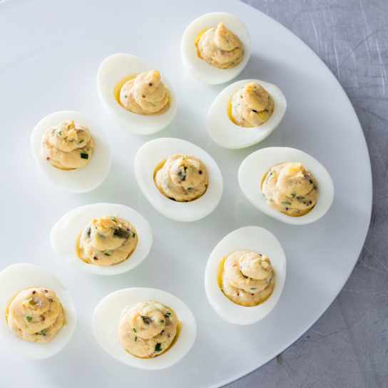 Deviled Eggs with Tuna, Capers, and Chives
