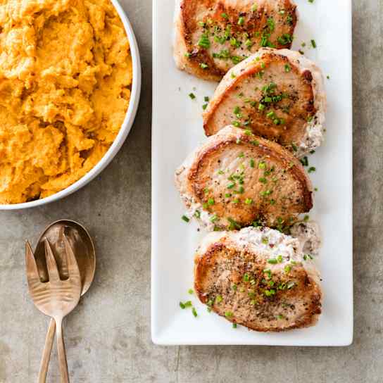 Pecan-Stuffed Pork Chops with Mashed Sweet Potatoes