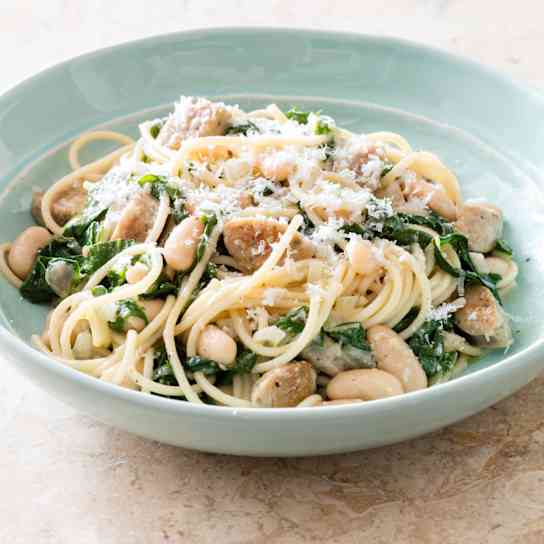 Pasta with Chicken Sausage, Swiss Chard, and White Beans