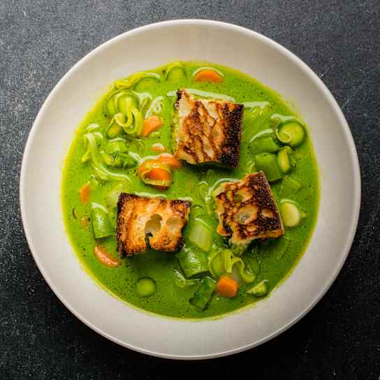 Spring Vegetable Soup with Charred Croutons