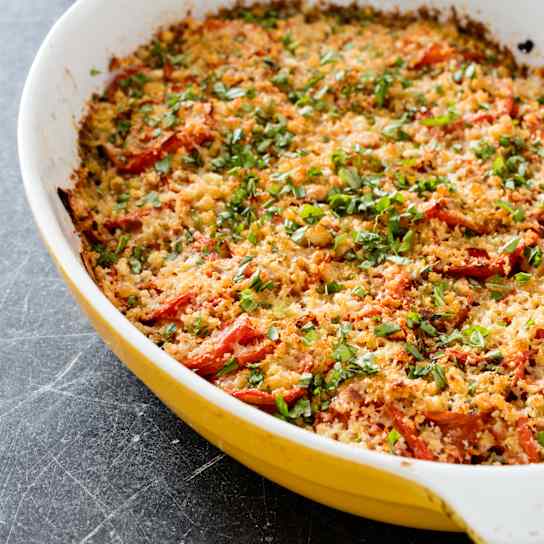 Summer Vegetable Gratin with Roasted Peppers and Smoked Mozzarella