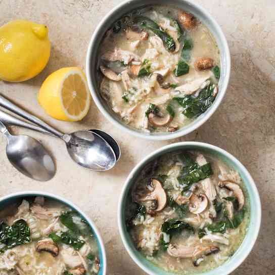 Turkey Rice Soup with Mushrooms and Swiss Chard