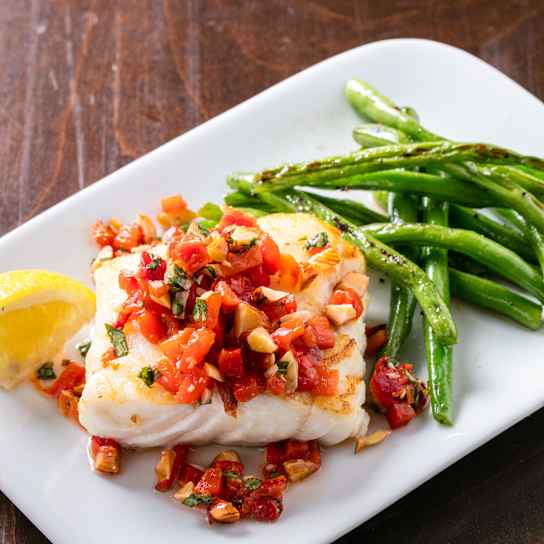 Pan-Seared Cod with Blistered Green Beans and Red Pepper Relish