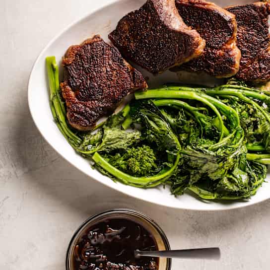 Balsamic-Glazed Strip Steaks with Roasted Broccoli Rabe