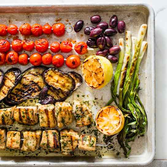 Grilled Swordfish Skewers with Tomato-Scallion Caponata