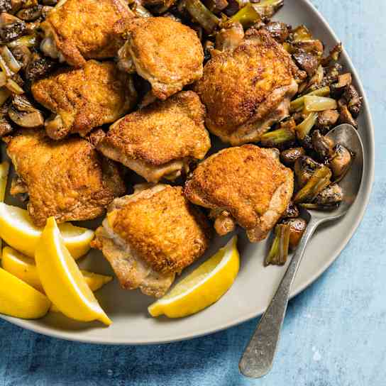 Roasted Chicken Thighs with Buttered Mushrooms and Leeks