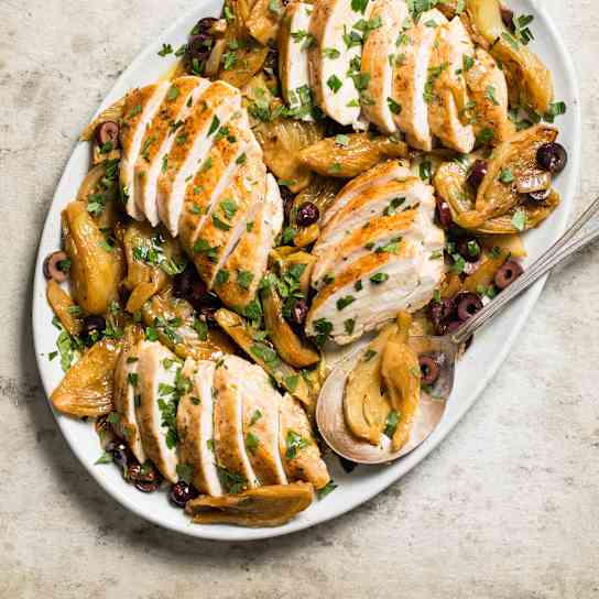 Pan-Seared Chicken Breasts with Braised Fennel, Olives, and Orange