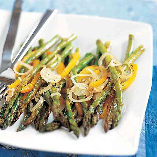 Roasted Asparagus with Peppers and Shallots