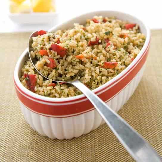Brown Rice with Onions and Roasted Red Peppers