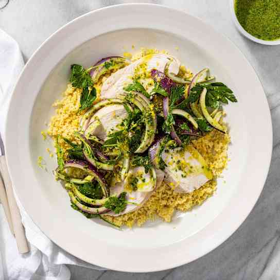 Lemony Chicken and Couscous with Salsa Verde Onions
