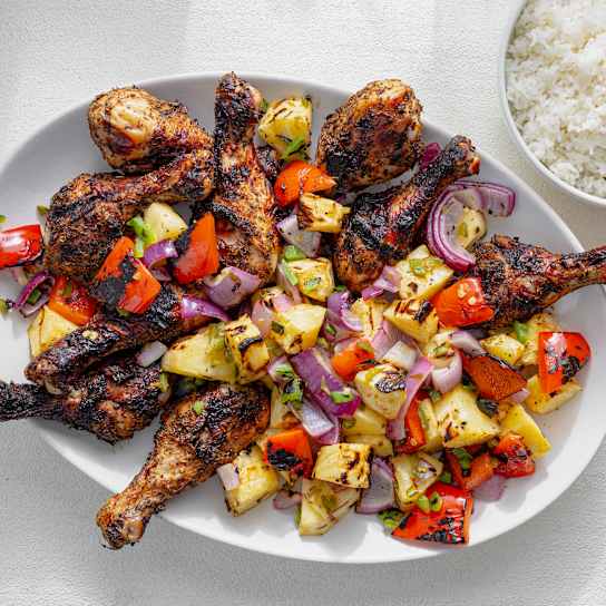 Grilled Jerk Drumsticks with Charred Pineapple Salad
