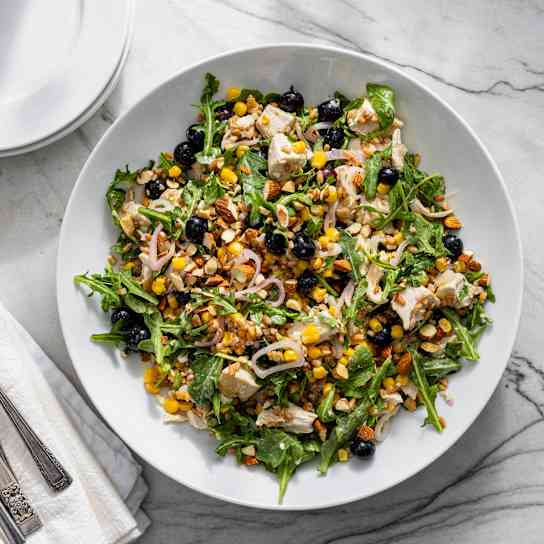 Chicken Grain Bowl with Blueberries and Pickled Corn