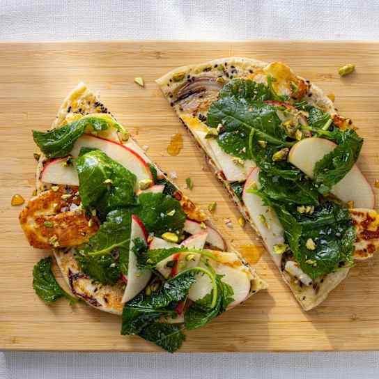Seared Halloumi Flatbread with Kale-Apple Salad
