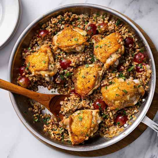 Pan-Roasted Chicken Thighs with Farro and Grapes