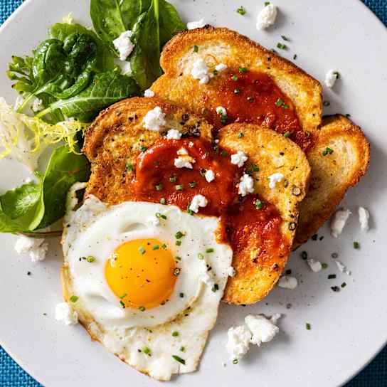 Savory French Toast with Tomato Butter and Fried Eggs