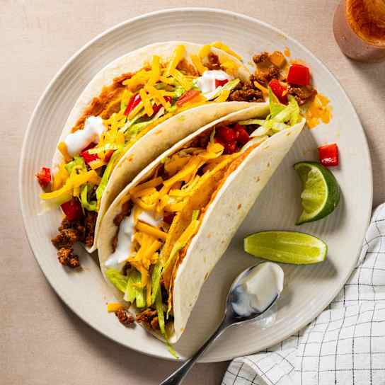 Double-Decker Ground Beef Tacos with Refried Beans