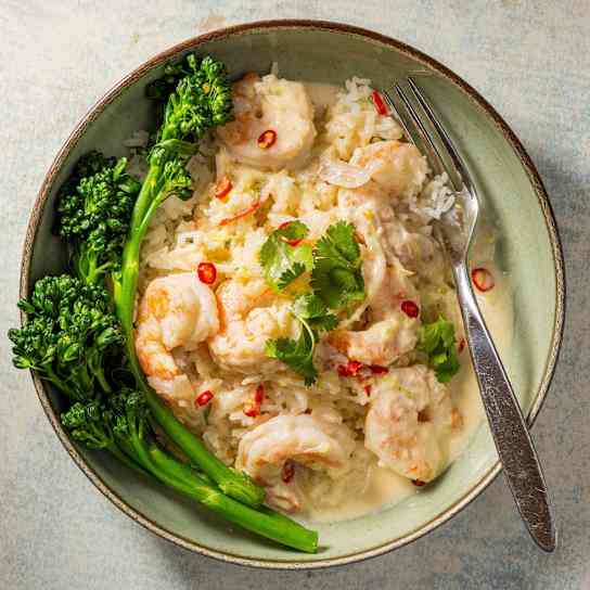 Shrimp with Coconut-Lime Sauce, Rice, and Broccolini