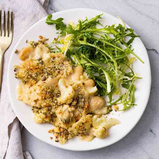 Cheesy Cauliflower and Butter Beans with Caper Crumbs