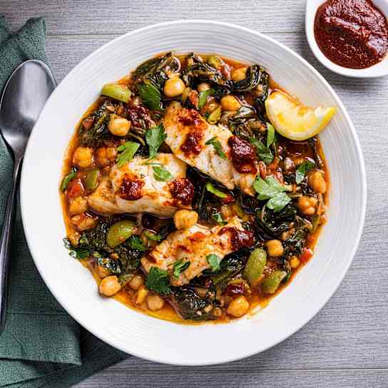 Smoky Chickpea Stew with Swiss Chard and Cod
