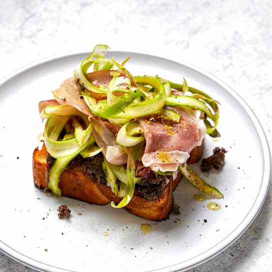 Shaved Asparagus, Prosciutto, and Duxelles Tartines