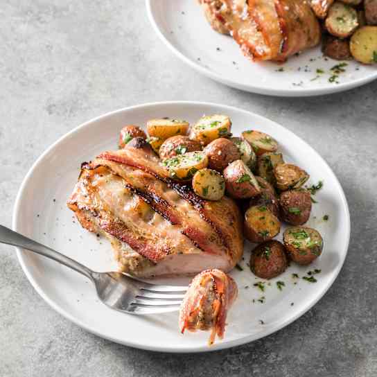 Bacon-Wrapped Pork Chops with Roasted Potatoes for Two