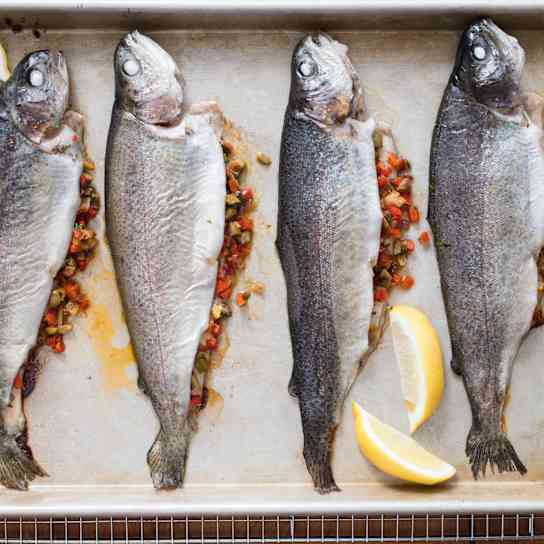 Baked Stuffed Trout with Red Pepper and Preserved Lemon