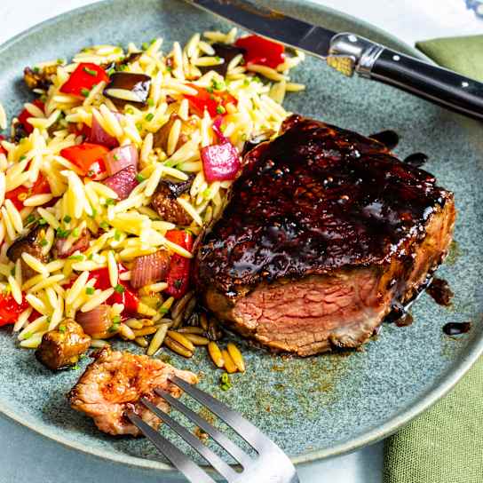 Balsamic-Glazed Steaks with Orzo Salad